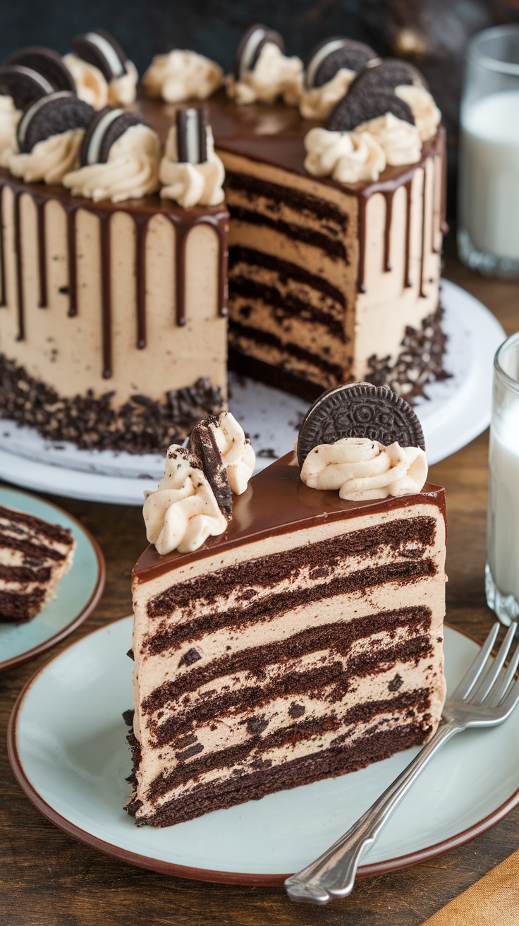 A stunning Chocolate Oreo Cake layered with Oreo cream frosting and chocolate ganache, served on a wooden table with a slice on a plate.